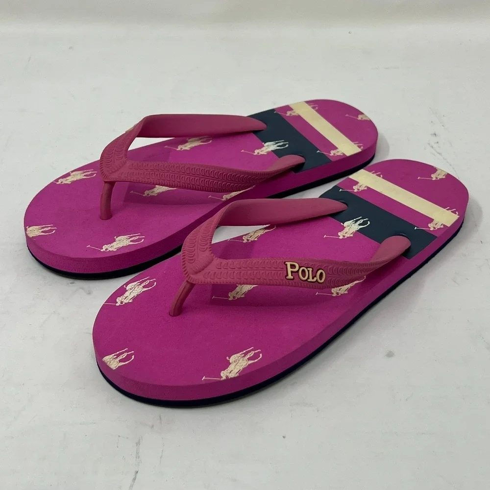 Polo Ralph Lauren Unisex Junior Flip Flop Pink/Ivory Pony Logo US Size 4 VTG NEW